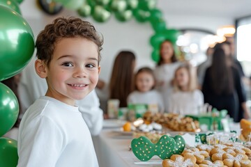 A smiling young boy at a lively celebration with green decorations and a delightful spread of treats, embodying the joy and excitement of special occasions.