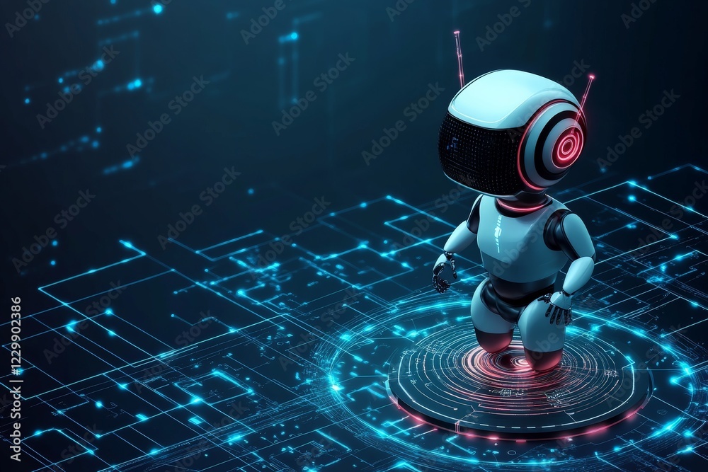 Poster Futuristic robot interacting with technology in a digital environment filled with circuits and glowing elements