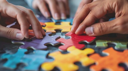 Fototapeta premium Colorful jigsaw puzzle pieces being assembled by hands symbolizing the process of problem solving teamwork and finding creative solutions through strategic thinking and