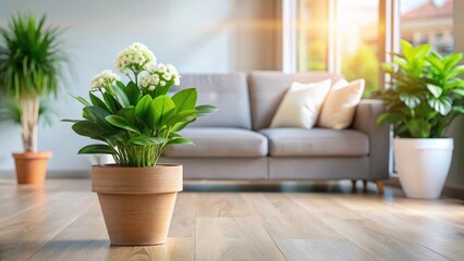 A small potted plant with vibrant green leaves and a few white flowers at the corner of a modern living room , plants, desk accessories