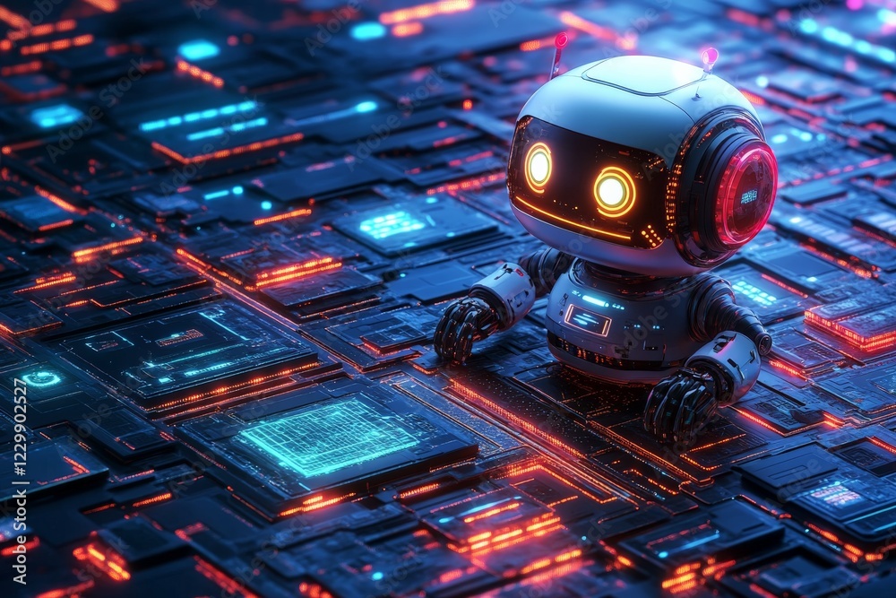 Poster Innovative robot exploring a futuristic digital landscape filled with bright neon circuits and patterns