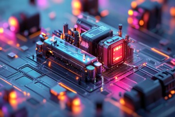 Brightly lit microprocessor on a modern circuit board showcasing advanced technology components