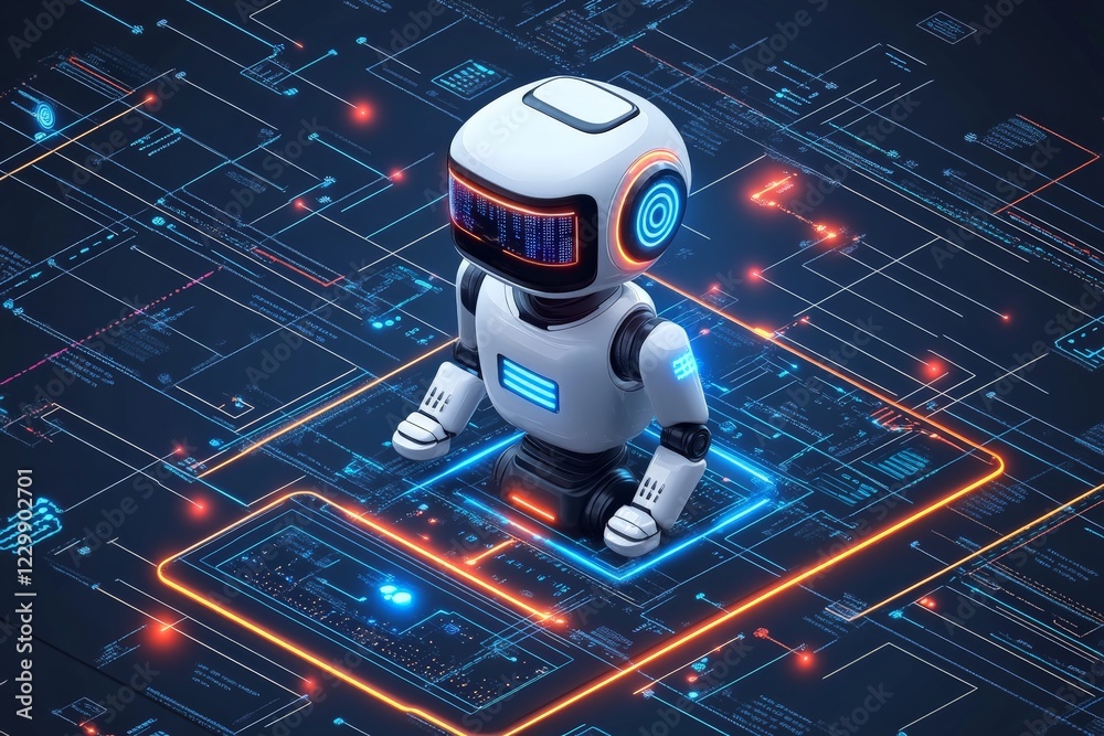Poster Futuristic robot interacting with digital interface in a technology-driven environment at night