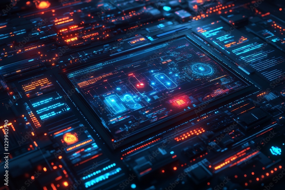 Fototapete Digital circuitry design with glowing elements and intricate patterns in a high-tech environment