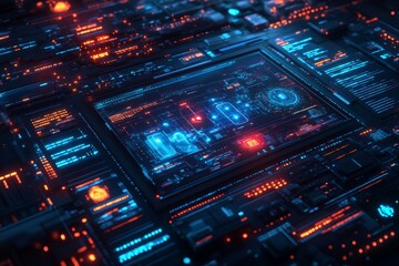 Fototapeta premium Digital circuitry design with glowing elements and intricate patterns in a high-tech environment