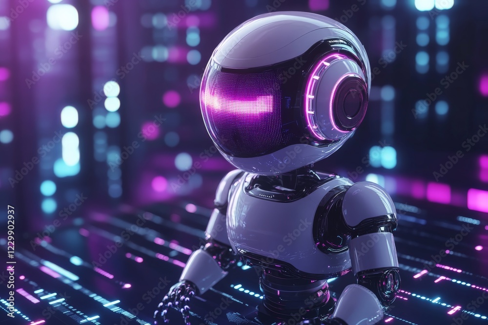 Aufkleber futuristic robot character with glowing details in a neon-lit digital environment