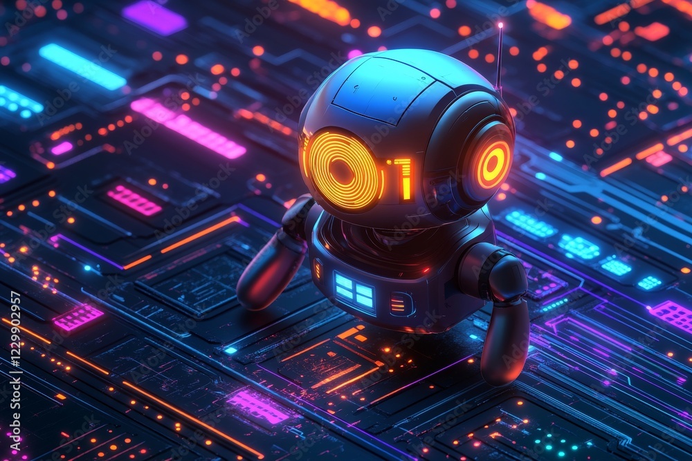Leinwandbilder Robot exploring a neon-lit digital landscape with vibrant colors and intricate circuitry