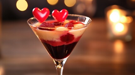 A decadent Valentine jelly dessert in a martini glass, layered with fruity flavors and heart-shaped candy accents