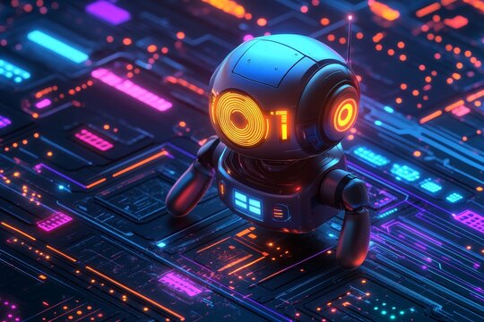 Robot exploring a neon-lit digital landscape with vibrant colors and intricate circuitry