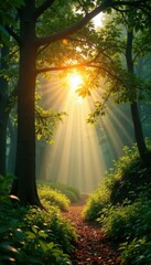 Obraz premium Golden hour sunlight filtering through lush canopy, leaves, sunshine, path