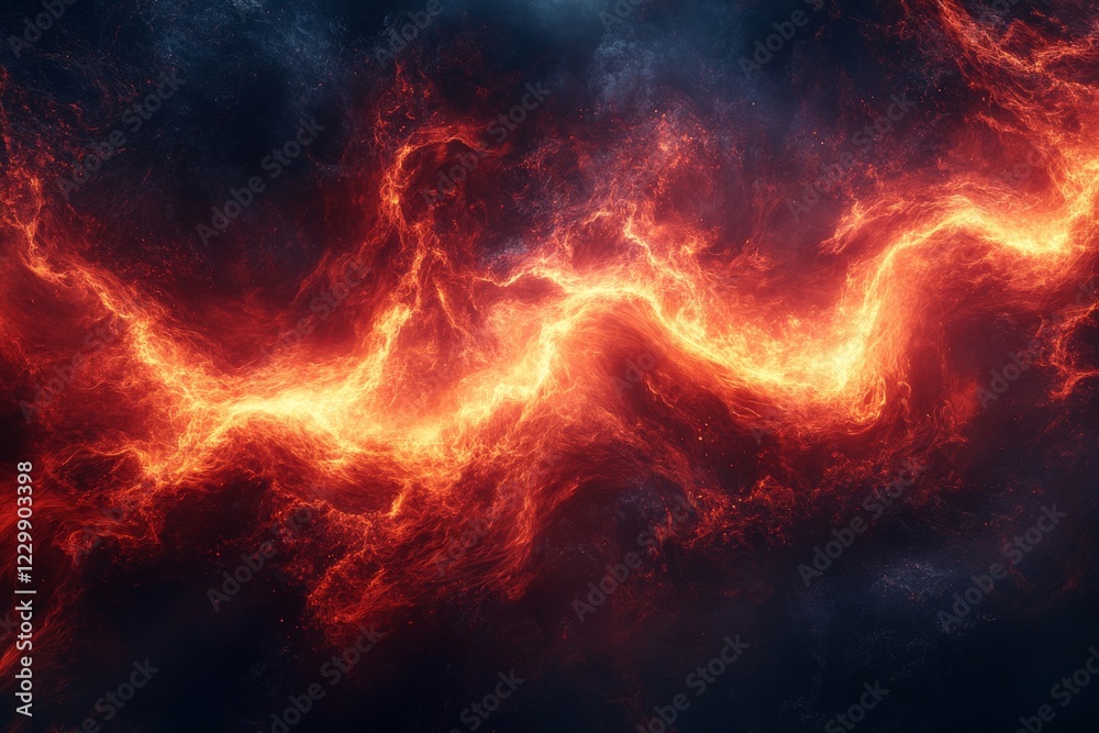 Poster swirling flames create a mesmerizing display of fire and light in a dark cosmic landscape at night