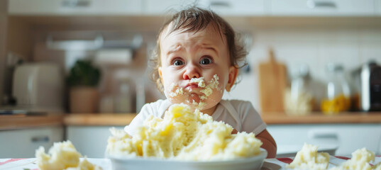 Adorable Baby's First Messy Meal Adventure in a Bright Minimalist Kitchen