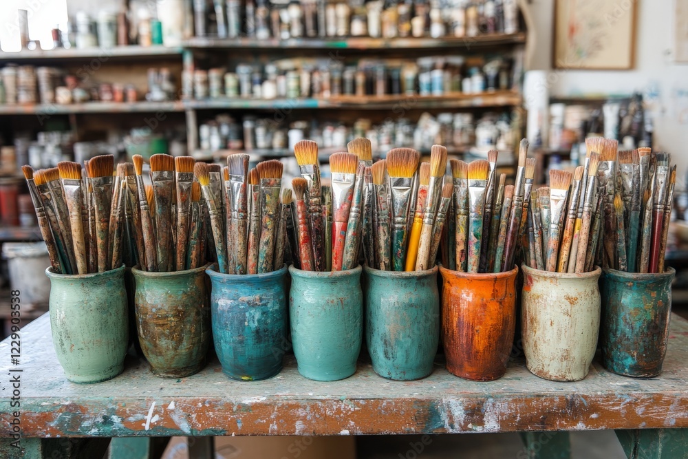Aufkleber Collection of paintbrushes in various containers arranged neatly in an artist's studio workspace