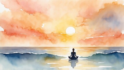 Watercolor sunrise yoga by the ocean, peaceful meditation scene