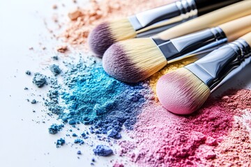 Colorful makeup brushes and powder pigments arranged artfully on a white surface during a creative beauty session