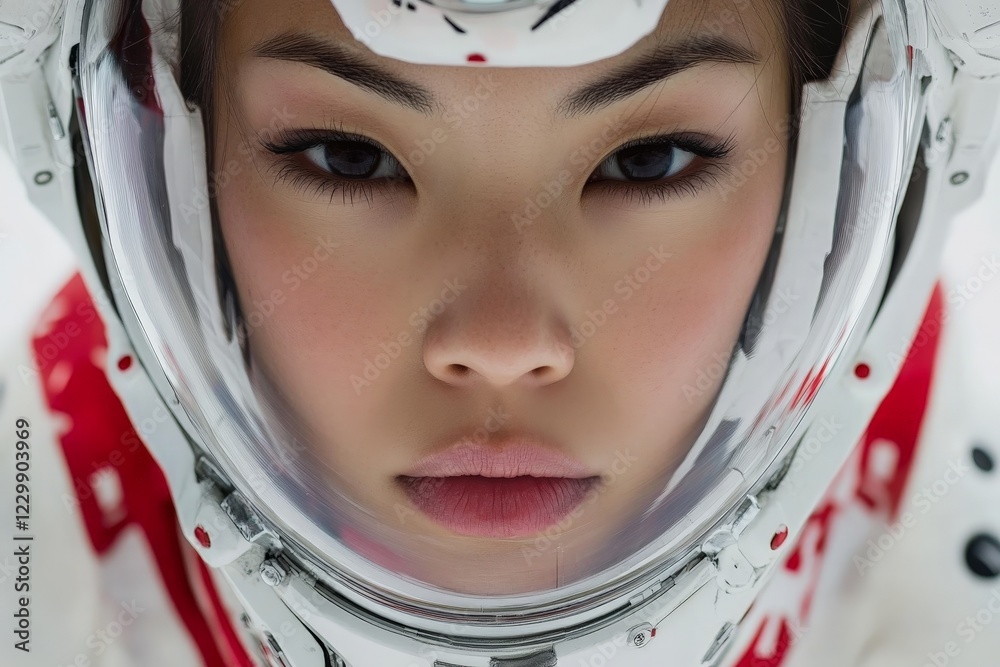 Poster portrait of a female astronaut in a space suit with a reflective visor captured during training