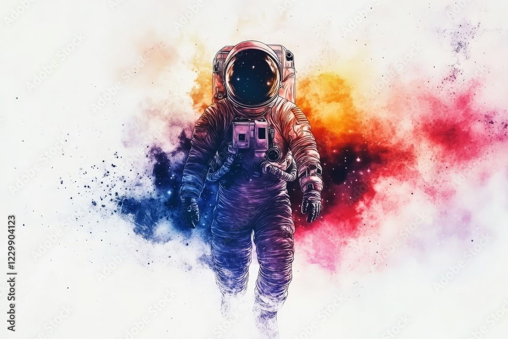 Poster astronaut wandering through colorful cosmic space with vibrant nebulae as a backdrop