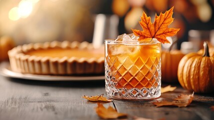 Close-up of a frosty bourbon drink garnished with maple leaves, surrounded by pumpkin pie, autumn foliage, warm tones, perfect Thanksgiving vibes