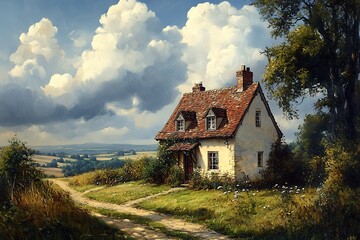 Fototapeta premium Cozy etching print of a charming cottage in the countryside, 2k 