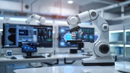 Robotic arm with multiple joints and articulations in a futuristic high tech laboratory setting with various digital displays monitors and electronic equipment  Concept of intelligence