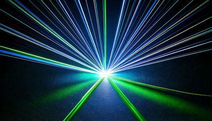 Dynamic abstract image of vibrant blue and green laser beams converging, creating a powerful and futuristic visual.