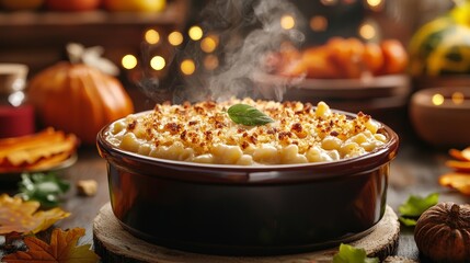 Close-up of a steaming dish of macaroni and cheese with a breadcrumb crust, surrounded by fall-themed decor and Thanksgiving side dishes like candied yams