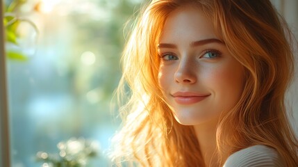 Naklejka premium Woman enjoying a cup of coffee in the morning sunlight, peaceful and content, International Day of Happiness vibe, 8K high resolution with copy space