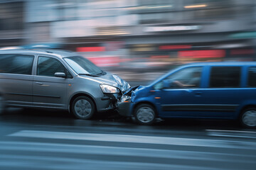 An accident between two vehicles, a silver and blue minivans, in the city. The concept of traffic safety, car insurance, purchase.