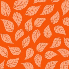 Seamless pattern of white leaves on a bright orange background.