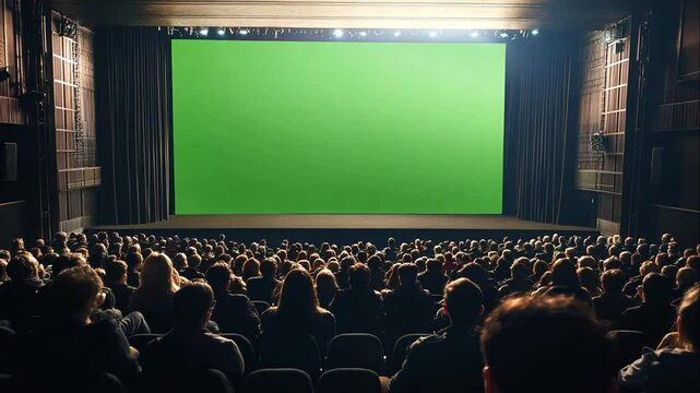 Cinema audience watching a large green screen in a theater, ready for visual effects replacement.