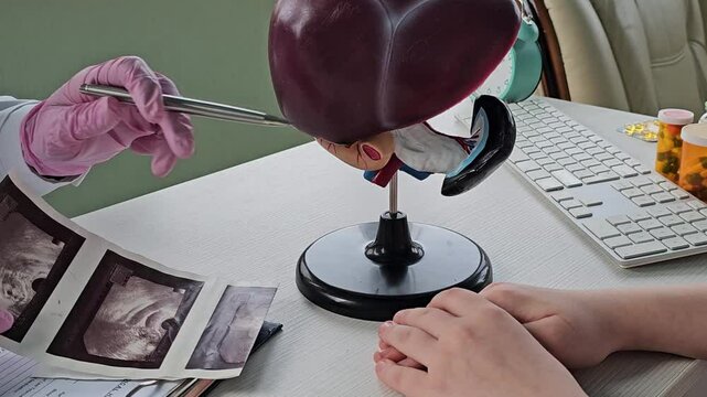Doctor shows a model of how the liver system works, doctors explaining symptoms and treatment to patients 