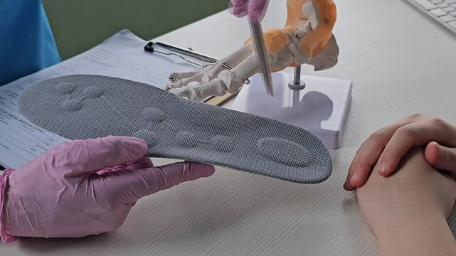 Doctor installing a custom orthopedic insole on a patient foot 