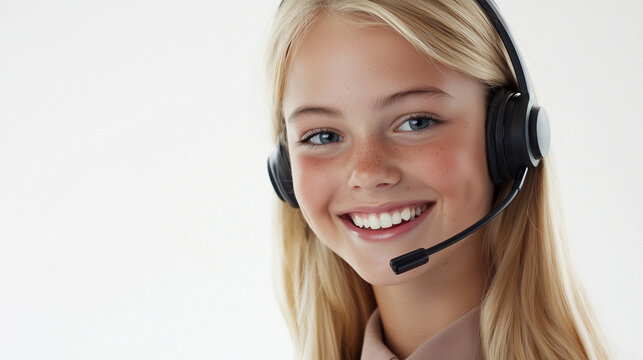 Customer support specialist using a headset, with a welcoming smile. She is in a collaborative office space, conveying a strong sense of trustworthiness and excellent customer care.