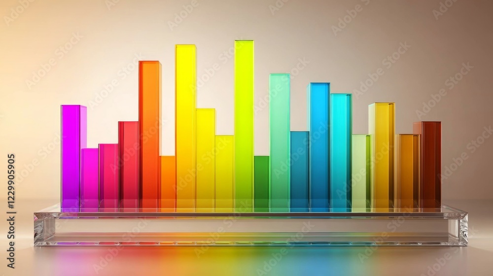Leinwandbilder D bar graph with vibrant colors, arranged in ascending order on a transparent glass base, with soft ambient lighting