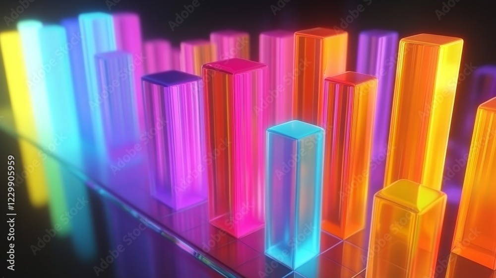 Poster d bar graph with vibrant colors, arranged in ascending order on a transparent glass base, with soft 