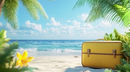 Obraz premium Yellow Suitcase On Tropical Beach Vacation Scene