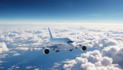 Obraz premium High altitude view of white airliner with long contrail in clear blue skies, aerial view, high, trail, destination, perspective