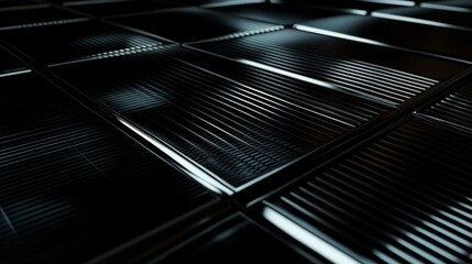 An abstract D bar graph with metal-textured bars on a black grid background, with highlights and shadows creating depth and a high-tech feel