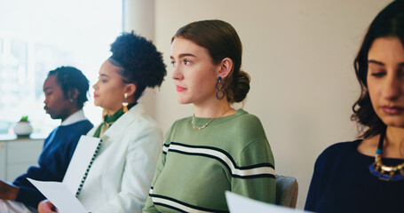 Thinking, hiring and business people in waiting room for interview at creative startup for fashion magazine editing. Resume, recruitment and group prepare for job search, hr decision and competition