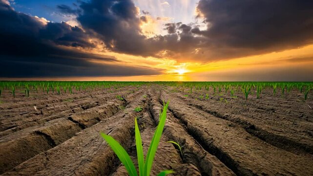 withered corn farmland, crops  in drought plantation ground under black storm cloud, environmental weather crisis concept	