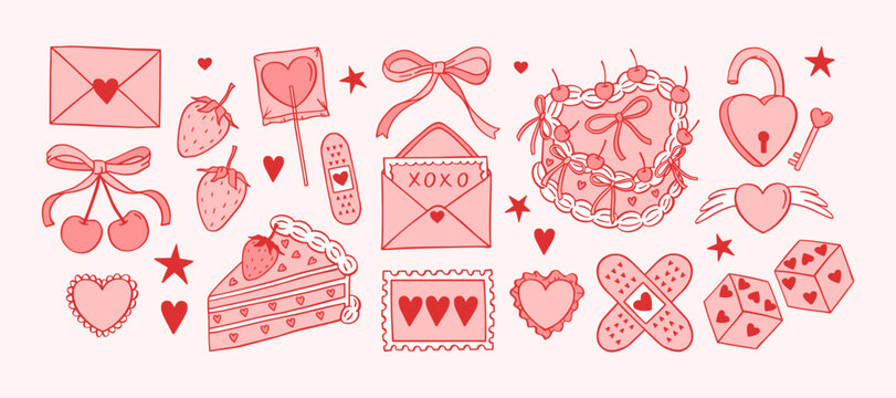 Coquette Valentines day Pink vector hand drawn stickers, icons, pictures, background, wallpaper. Love letter, lock, key, retro cakes, bow, cherry, hearts, dice. Trendy vintage line art vector set