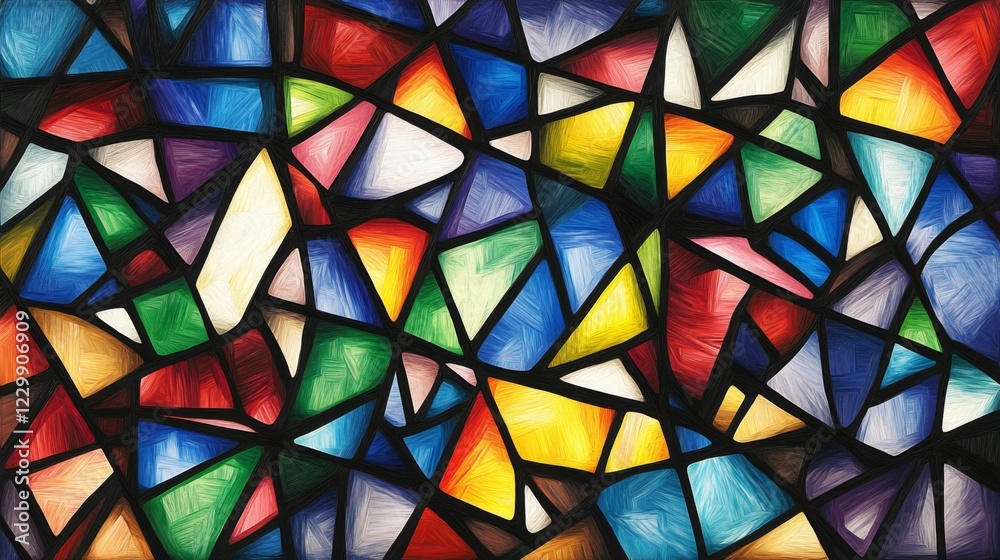 Poster an abstract background with vibrant geometric shapes in various colors, creating a dynamic and playf