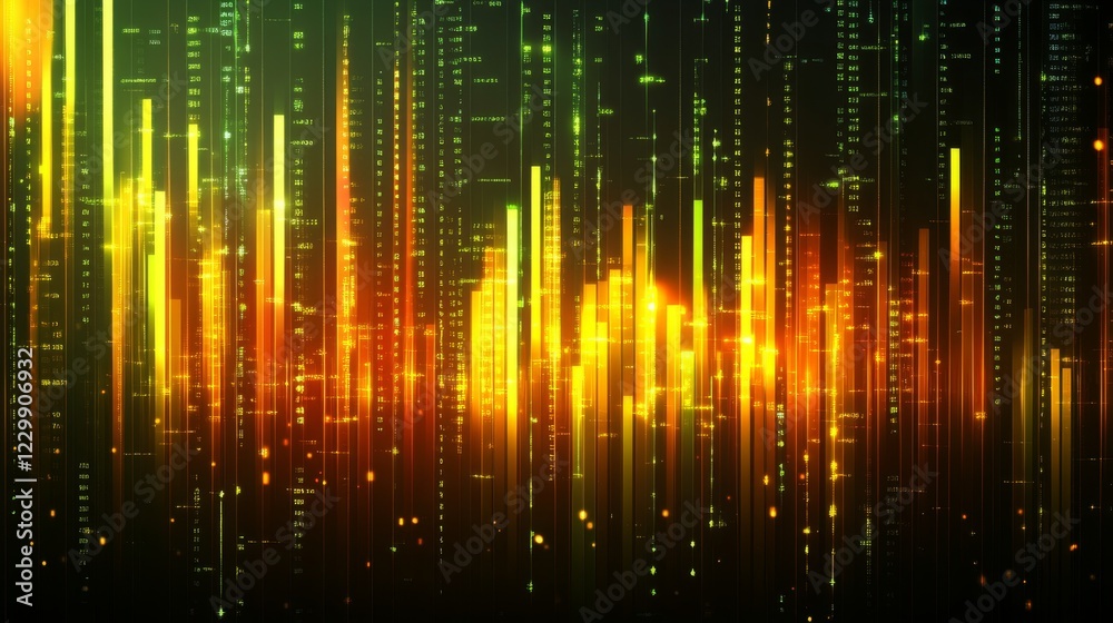 Poster an abstract financial graph with glowing data points and smooth lines, set against a dark gradient b