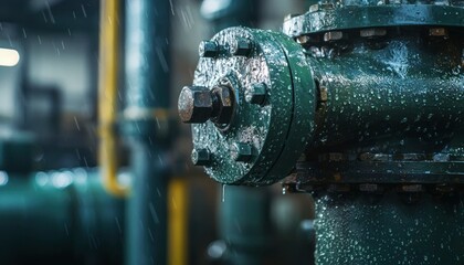 Rain Soaked Industrial Valve Close Up