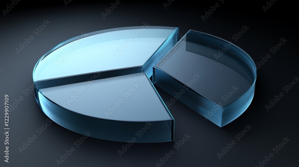 Aufkleber an abstract financial pie chart with transparent slices in shades of blue and gray, on a dark gradie