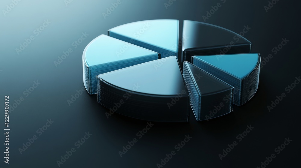 Aufkleber an abstract financial pie chart with transparent slices in shades of blue and gray, on a dark gradie