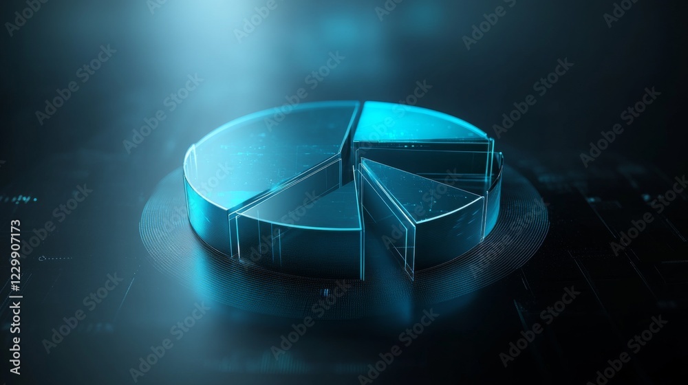 Poster an abstract financial pie chart with transparent slices in shades of blue and gray, on a dark gradie