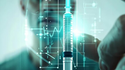 A man is holding a syringe in his hand. The syringe is blue and has a green tip. Concept of medical care and attention - Powered by Adobe