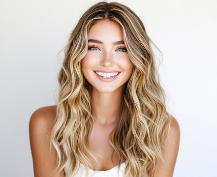 Studio portrait of the beautiful smiling woman with long, wavy blonde hair on white background