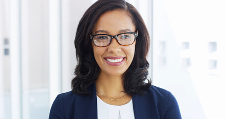 Happy, glasses and portrait of businesswoman in office with confidence for legal career growth....